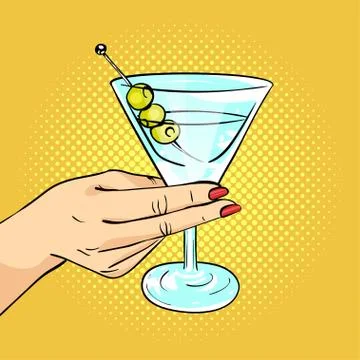 Vector hand drawn pop art illustration of woman hand holding Martini glass wi Stock Illustration