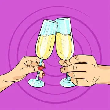 Vector hand drawn pop art illustration of man and woman hands holding glasses Stock Illustration