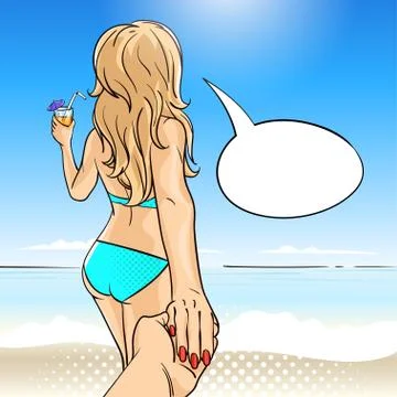 Vector hand drawn pop art illustration of young woman in swimming suit with f Stock Illustration