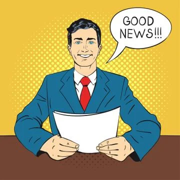 Vector hand drawn pop art illustration of anchorman holding piece of paper in Stock Illustration