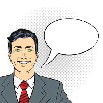 Vector hand drawn pop art illustration of happy smiling businessman. Empty sp Stock Illustration