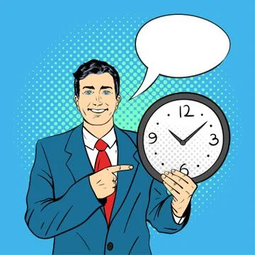 Vector hand drawn pop art illustration of businessman holding wall watch in h Stock Illustration