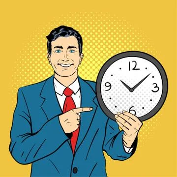 Vector hand drawn pop art illustration of businessman holding wall watch in h Stock Illustration