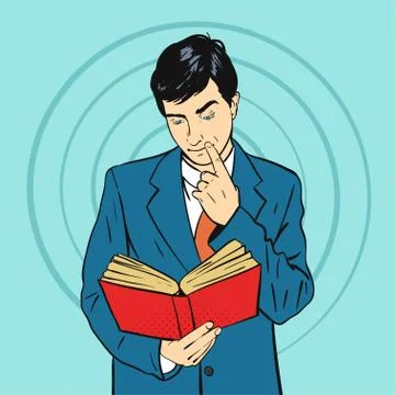 Vector hand drawn pop art illustration of businessman holding book in his han Stock Illustration