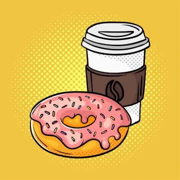 Vector hand drawn pop art illustration of donut and coffee on the go. Stock Illustration