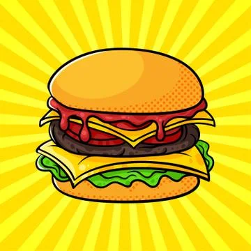 Vector hand drawn pop art illustration of hamburger. Stock Illustration