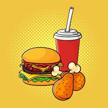Vector hand drawn pop art illustration of burger, chicken legs, and soda cup. Stock Illustration