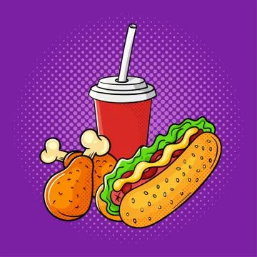 Vector hand drawn pop art illustration of chicken legs, soda cup and hot dog. Stock Illustration