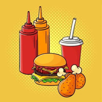 Vector hand drawn pop art illustration of ketchup and mustard, burger, chicke Stock Illustration