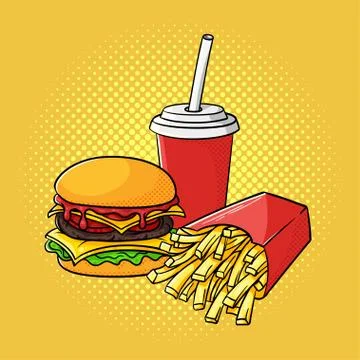 Vector hand drawn pop art illustration of hamburger, french fries and soda cu Stock Illustration