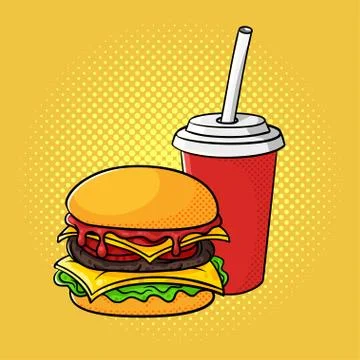Vector hand drawn pop art illustration of hamburger and soda cup. Stock Illustration