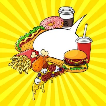 Vector hand drawn pop art set of fast food with speech bubble. Stock Illustration