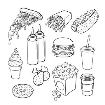 Vector hand drawn pop art monochrome set of fast food. Stock Illustration