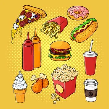 Vector hand drawn pop art set of fast food. Stock Illustration