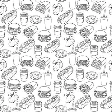 Vector hand drawn pop art monochrome fast food pattern. Stock Illustration