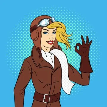 Vector hand drawn pop art style illustration of retro woman pilot. Stock Illustration