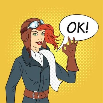 Vector hand drawn pop art style illustration of retro woman pilot. Stock Illustration