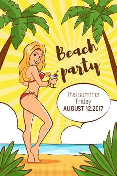 Vector hand drawn pop art template for Beach party flyer. Stock Illustration