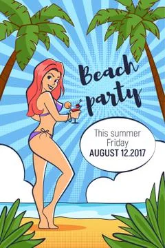Vector hand drawn pop art template for Beach party flyer. Stock Illustration