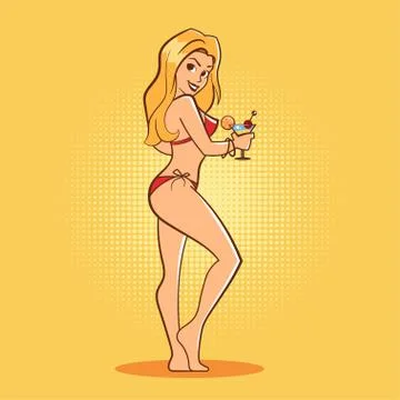 Vector hand drawn pop art illustration of young woman in swimsuit Stock Illustration