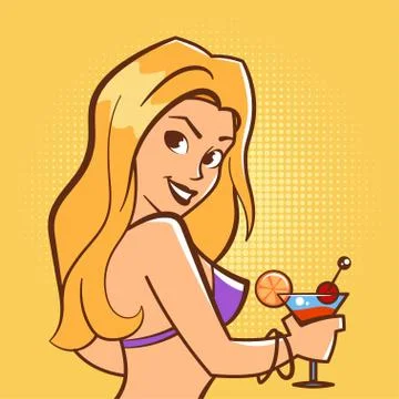 Vector hand drawn pop art illustration of young woman in swimsuit Stock Illustration