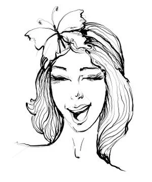 Vector hand drawn portrait of stylish girl twinkling with smile and butterfly on Illustrazione stock