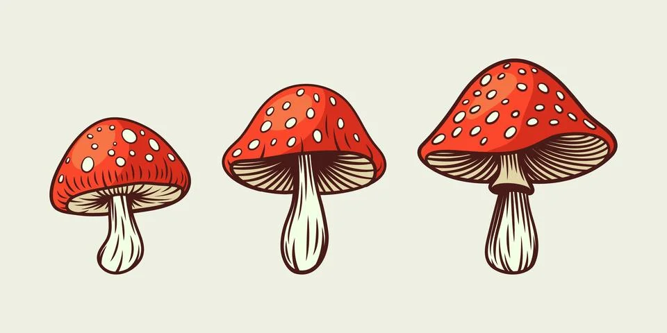 Vector Hand Drawn Red Cartoon Mushroom With Outline Icon Set Isolated. Amanita イラスト素材