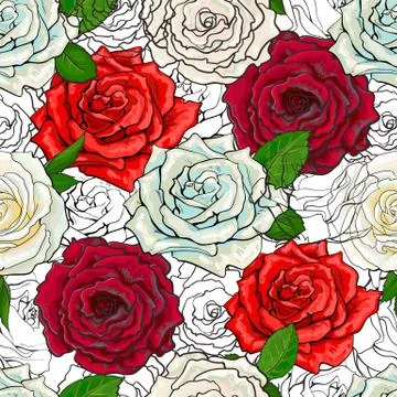 Vector hand drawn rose seamless pattern Stock Illustration