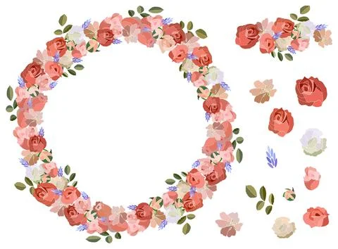 Vector hand drawn rose template and separate elements isolated on white. Exce Stock Illustration