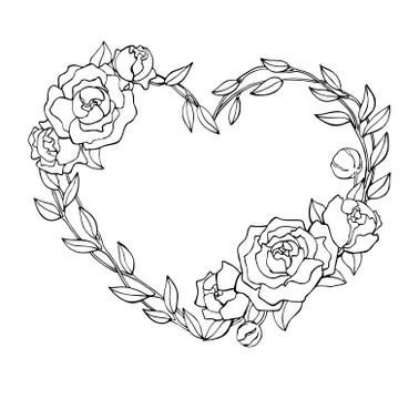 Vector hand drawn rose wreath in heart shape illustration. Stock Illustration