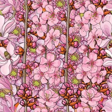 Vector hand drawn sakura, cherry seamless pattern 스톡 일러스트