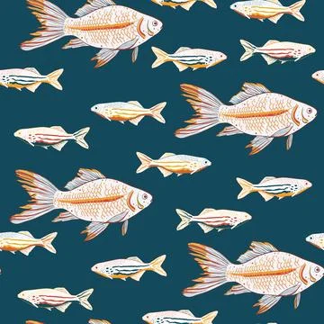 Vector hand drawn sardines and gold fishes seamless pattern print background. Stock Illustration