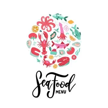 Vector hand drawn seafood banner with lettering Seafood menu. Colored Lobster Stock Illustration