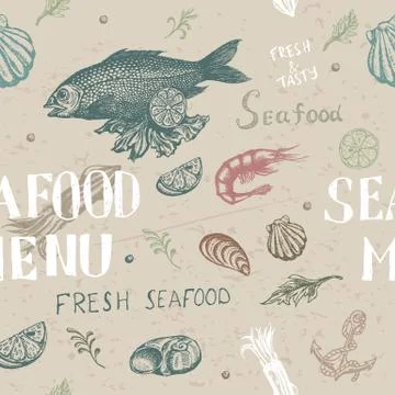 Vector hand drawn seafood pattern. Vintage illustration Stock Illustration
