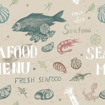 Vector hand drawn seafood pattern Stock Illustration