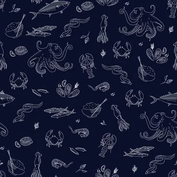 Vector hand drawn seafood seamless pattern with mussel, fish salmon and shrimp Stock Illustration