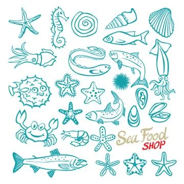Vector hand drawn seafood shop. Vintage illustration Stock Illustration