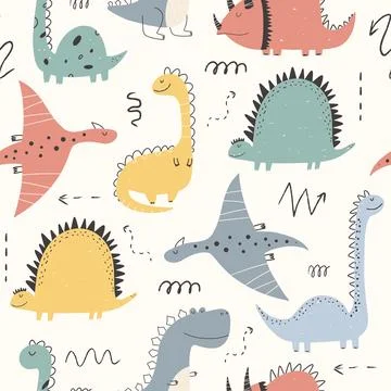 Vector hand-drawn seamless childish pattern with cute dinosaurs. Kids texture Illustrazione stock