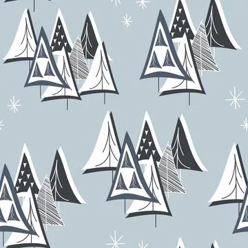 Vector. Hand-drawn seamless Christmas pattern, linear perforated  tree Illustrazione stock
