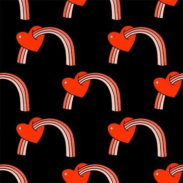 Vector hand drawn seamless doodle style rainbow and heart groovy vector pattern Stock Illustration