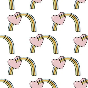 Vector hand drawn seamless doodle style rainbow and heart groovy vector pattern Stock Illustration