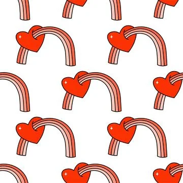 Vector hand drawn seamless doodle style rainbow and heart groovy vector pattern Stock Illustration