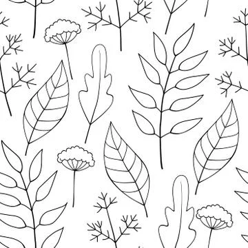 Vector Hand-drawn Seamless Floral Pattern Of Plants, Leaves And Flowers. Cont Illustrazione stock