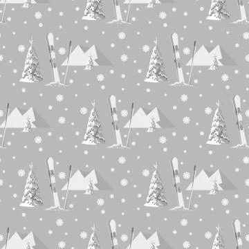 Vector hand drawn seamless pattern of ski, poles and pine in snow Stock Illustration