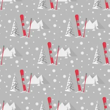Vector hand drawn seamless pattern of ski, poles and pine in snow Stock Illustration