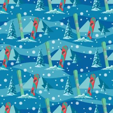 Vector hand drawn seamless pattern of ski, poles and pine in snow Stock Illustration