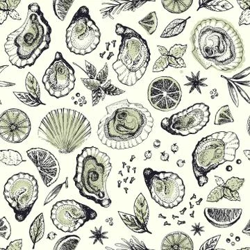Vector hand drawn seamless pattern with oysters. Retro illustration. Can be use Illustrazione stock