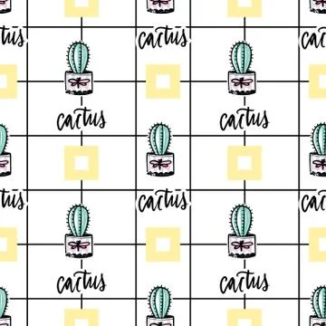Vector hand drawn seamless pattern with cute cactus and abstract elements. Stock Illustration