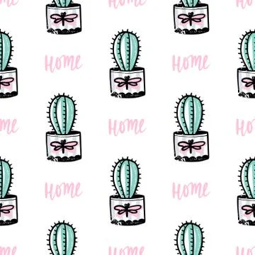 Vector hand drawn seamless pattern with cute cactus and abstract elements. Stock Illustration