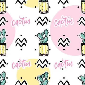 Vector hand drawn seamless pattern with cute cactus and abstract elements. イラスト素材